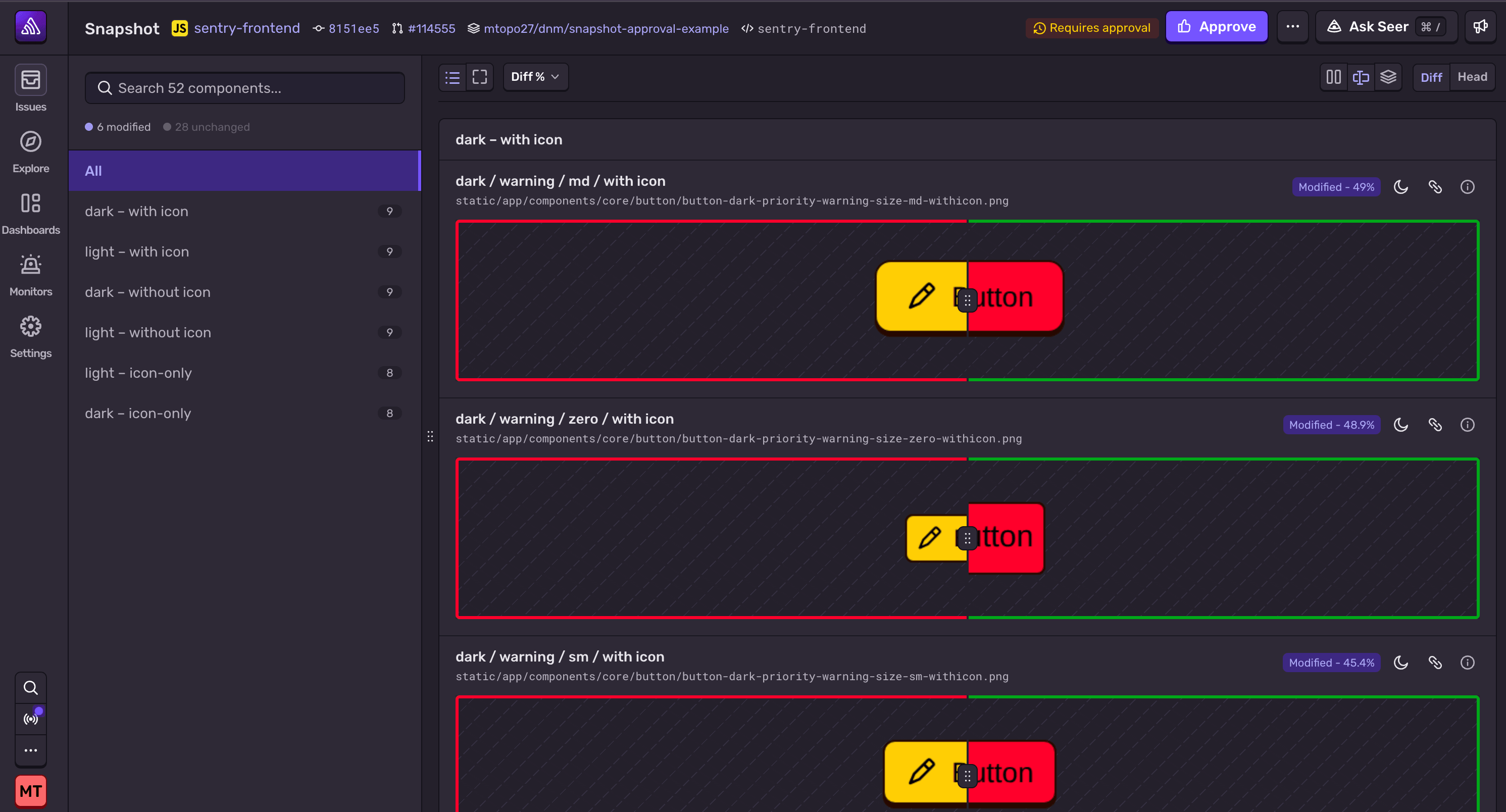 Example of the Sentry UI split diff mode